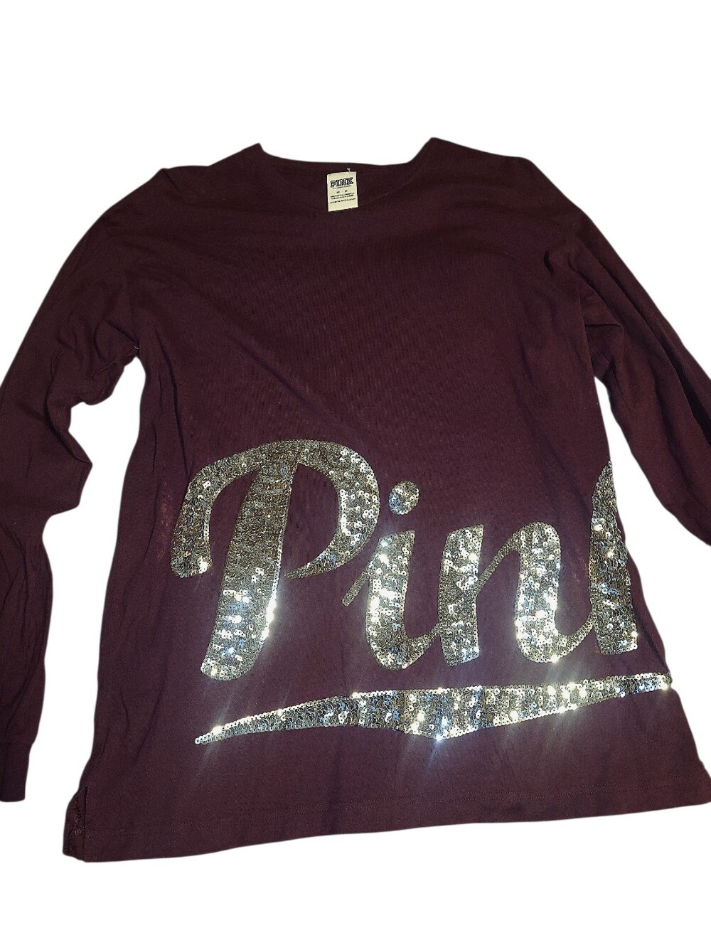 PINK Victoria's Secret Burgundy Long-Sleeve Tee with Silver Sequin Logo SIZE SMA